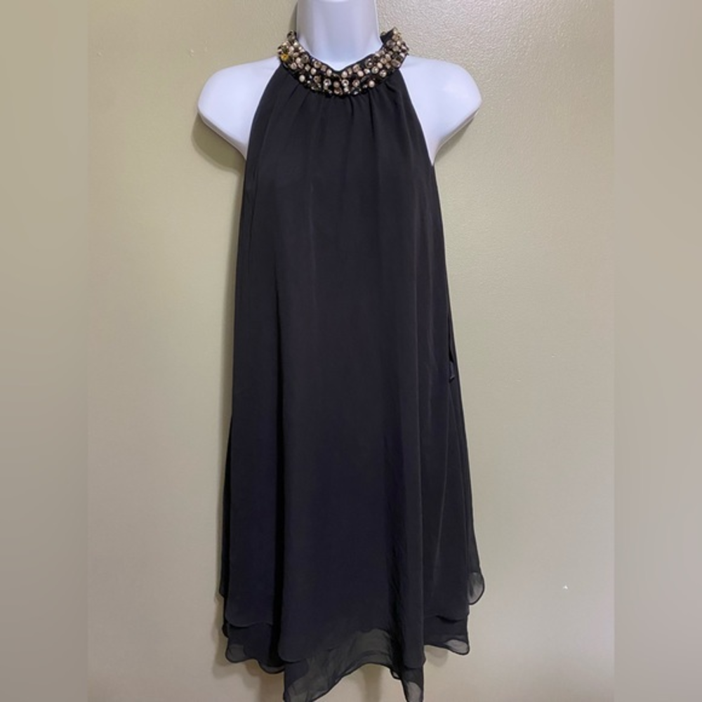 Eliza J Black A Line Dress with Rhinestone‎ Collar, Size 12